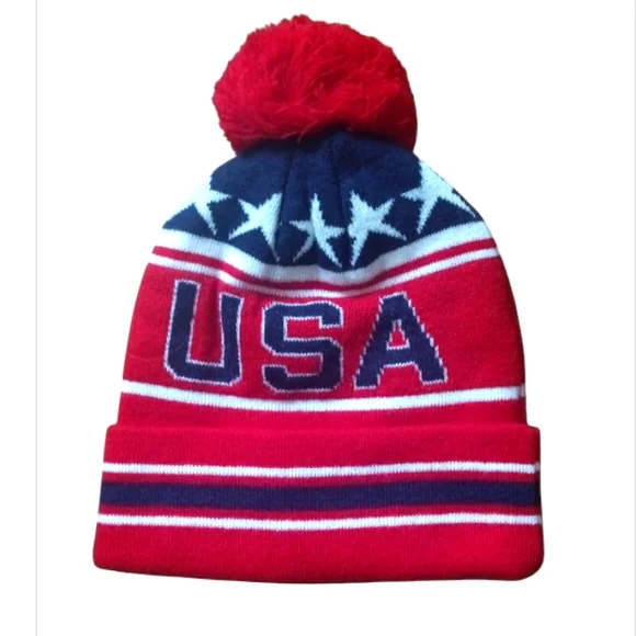 Red USA Pom-Pom Beanie NWOT - Picture 2 of 4